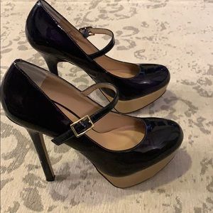 Navy blue/tan patent leather, Steve Madden heels
